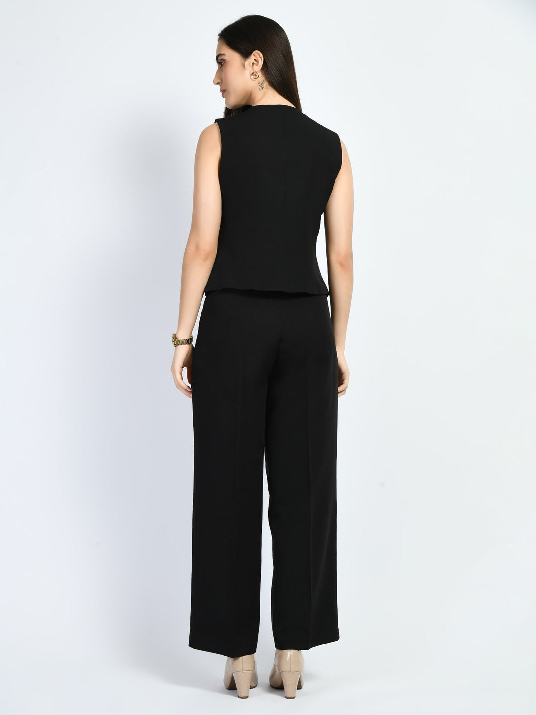 Exude Elusiveness Solid Wide Leg Trousers With Waist-Coat Top Co-ord Black Co-ord Sets