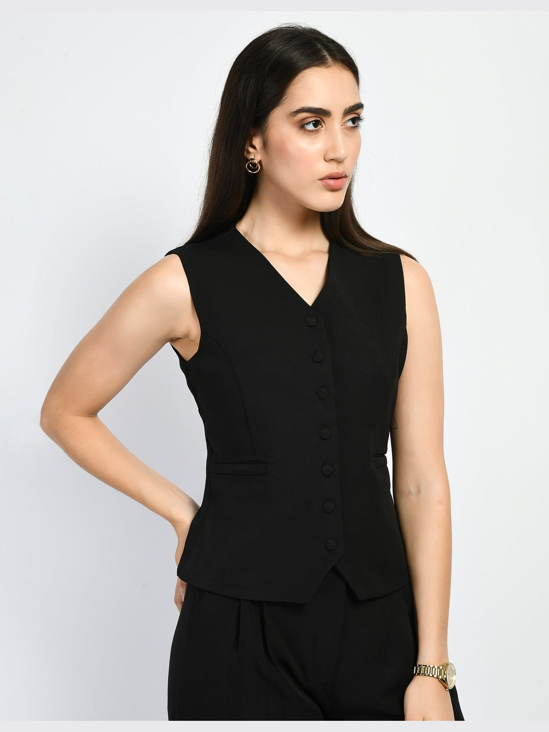 Exude Elusiveness Solid Wide Leg Trousers With Waist-Coat Top Co-ord Black Co-ord Sets