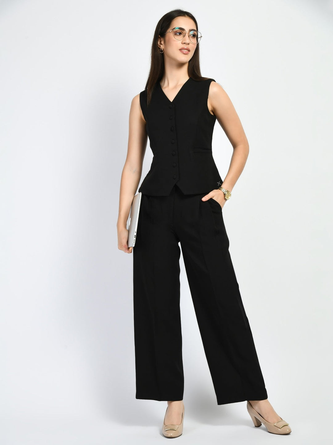 Exude Elusiveness Solid Wide Leg Trousers With Waist-Coat Top Co-ord Black Co-ord Sets
