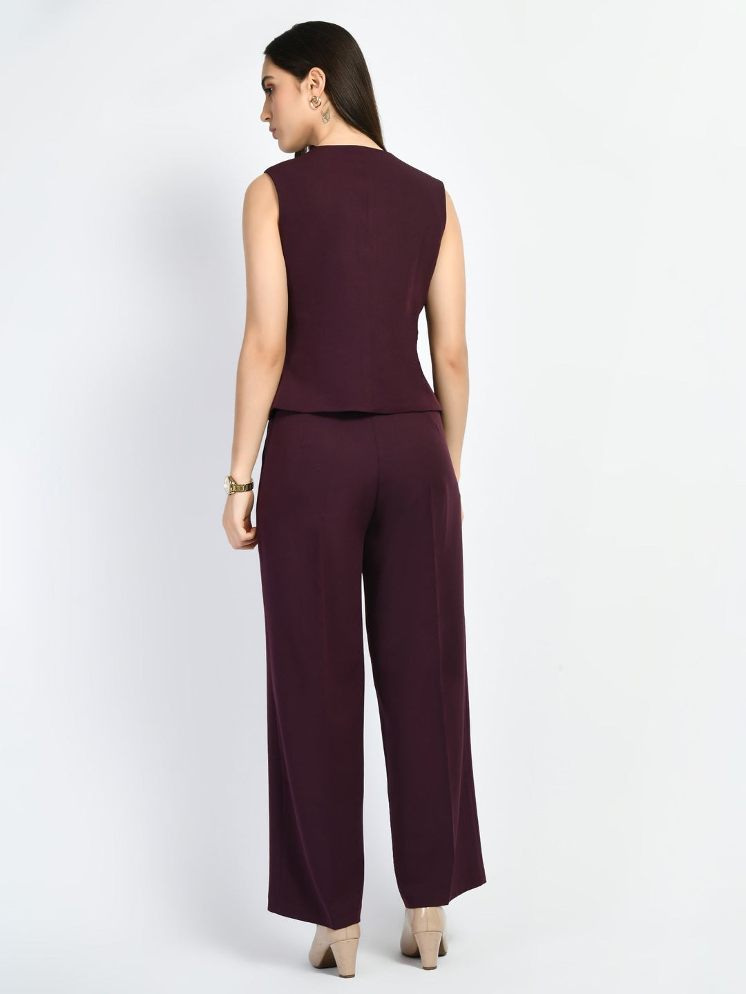 Exude Elusiveness Solid Wide Leg Trousers With Waist-Coat Top Co-ord Wine Co-ord Sets