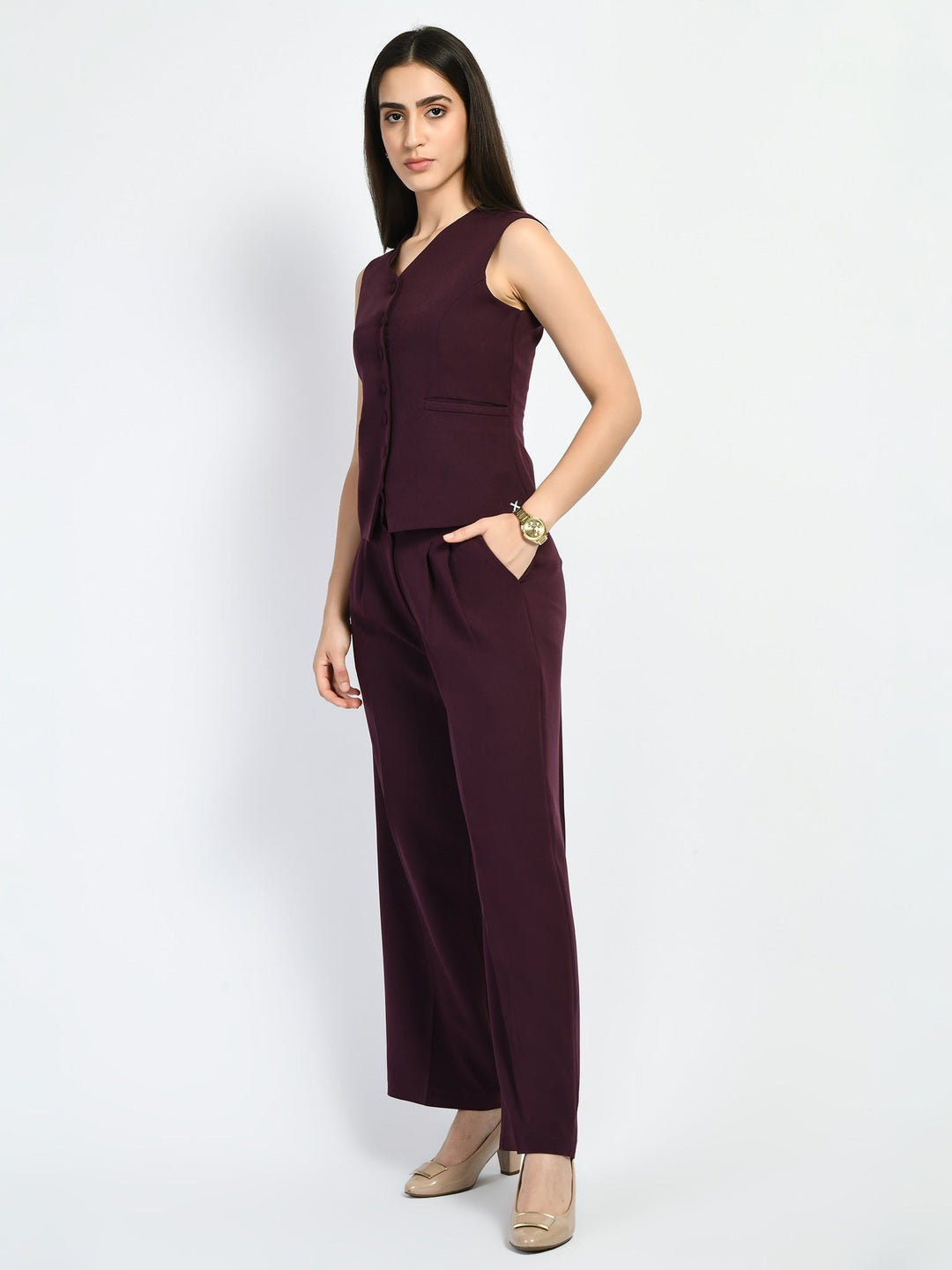 Exude Elusiveness Solid Wide Leg Trousers With Waist-Coat Top Co-ord Wine Co-ord Sets