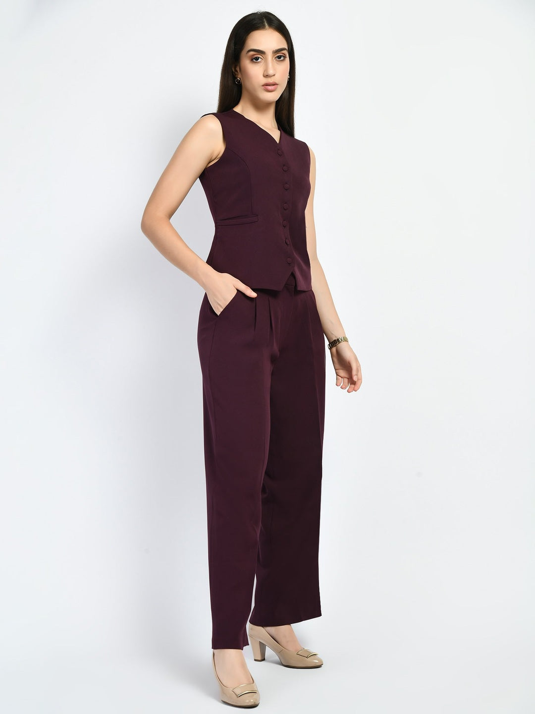 Exude Elusiveness Solid Wide Leg Trousers With Waist-Coat Top Co-ord Wine Co-ord Sets