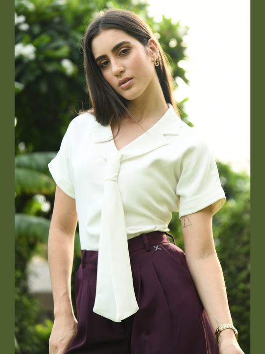 Exude Transcendence Blazer Top with Front Tie (White)