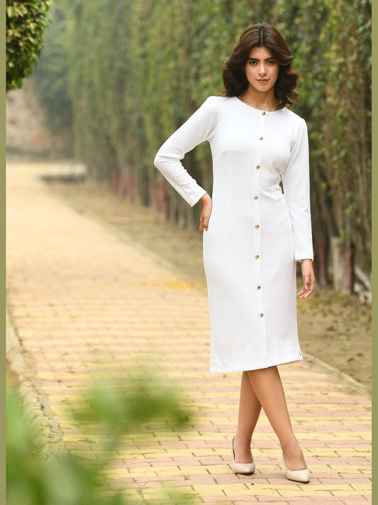 Exude Acme Button Down Midi Sheath Dress White Dresses
