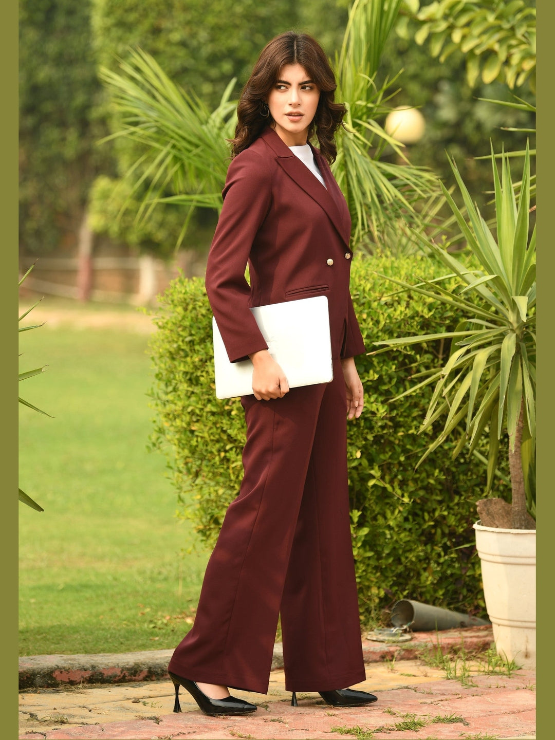 Exude Vitality Formal Blazer with Bootcut Trousers Wine Co-ord Sets