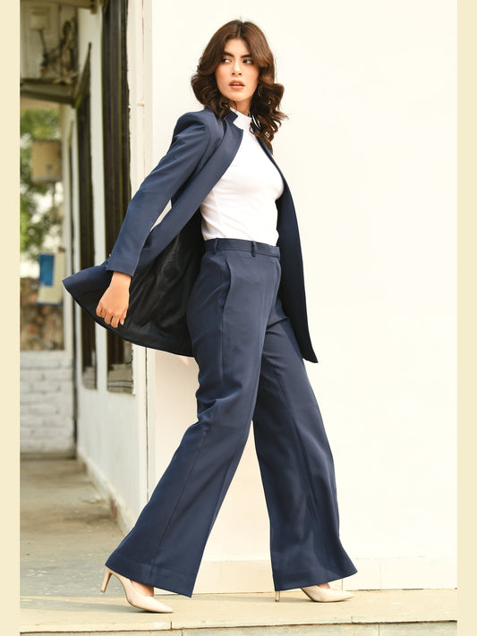 Exude Eminence Solid Bootcut Trousers Navy Trousers