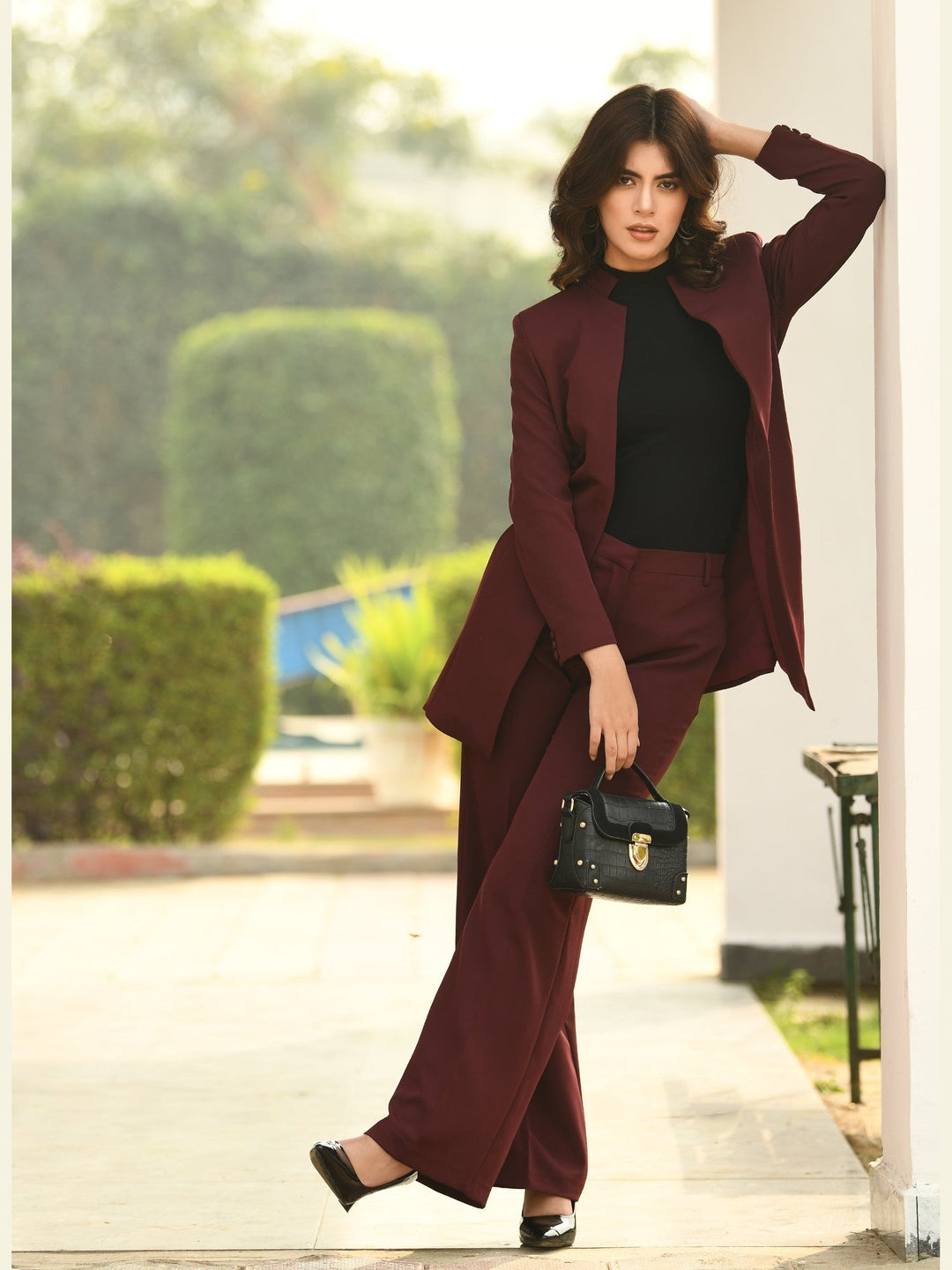 Exude Mastery Solid Long Blazer with Bootcut Trousers Wine Co-ord Sets