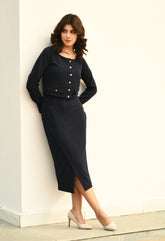 Exude Enchanting Button-down Crop Blazer (Navy)