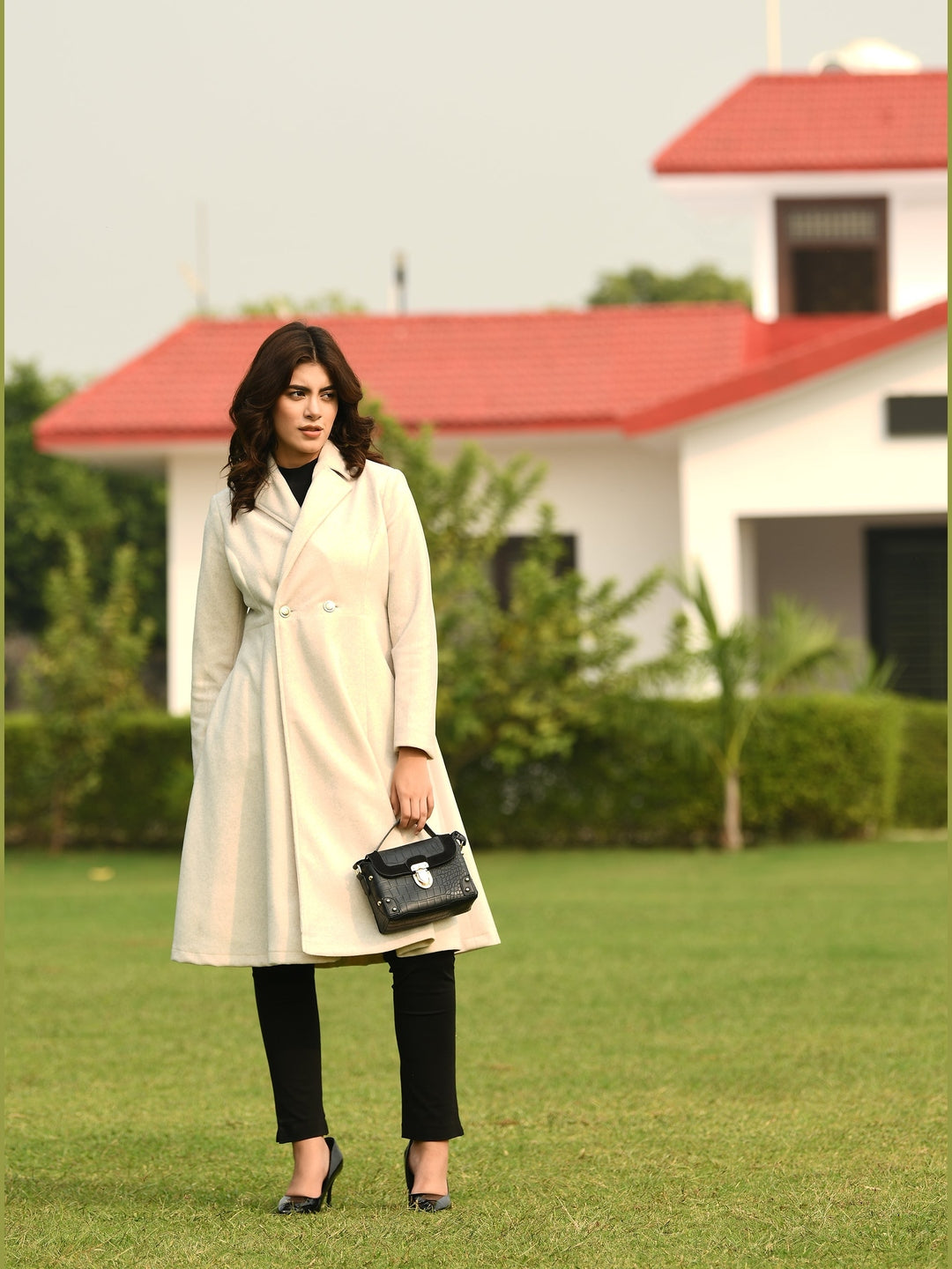 Exude Ferocity Wool-Blend A-line Long Coat Off White Coat