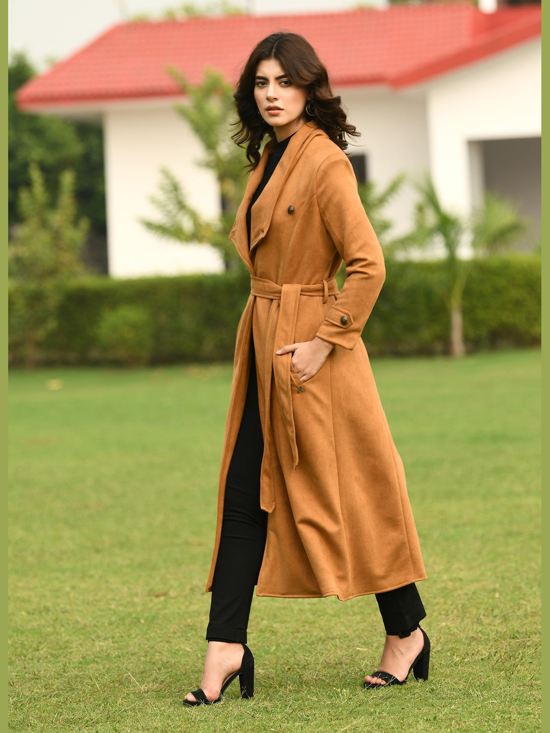 Exude Dedication Suede Leather Long Wrap Coat (Tan Brown)