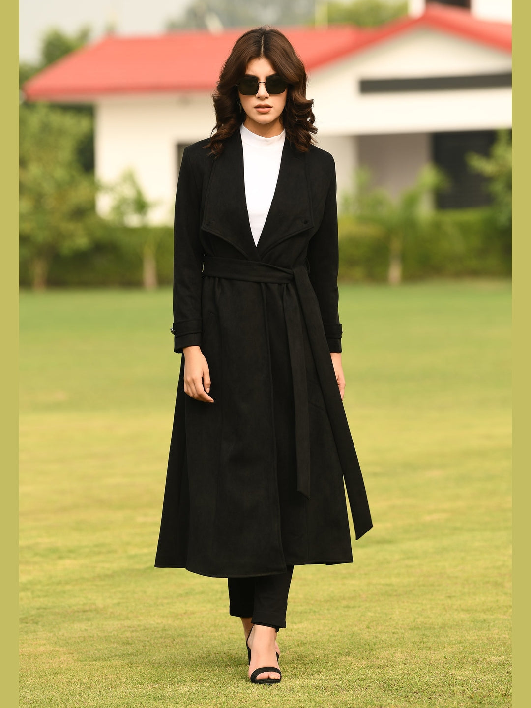 Exude Dedication Suede Leather Long Wrap Coat Black Coat