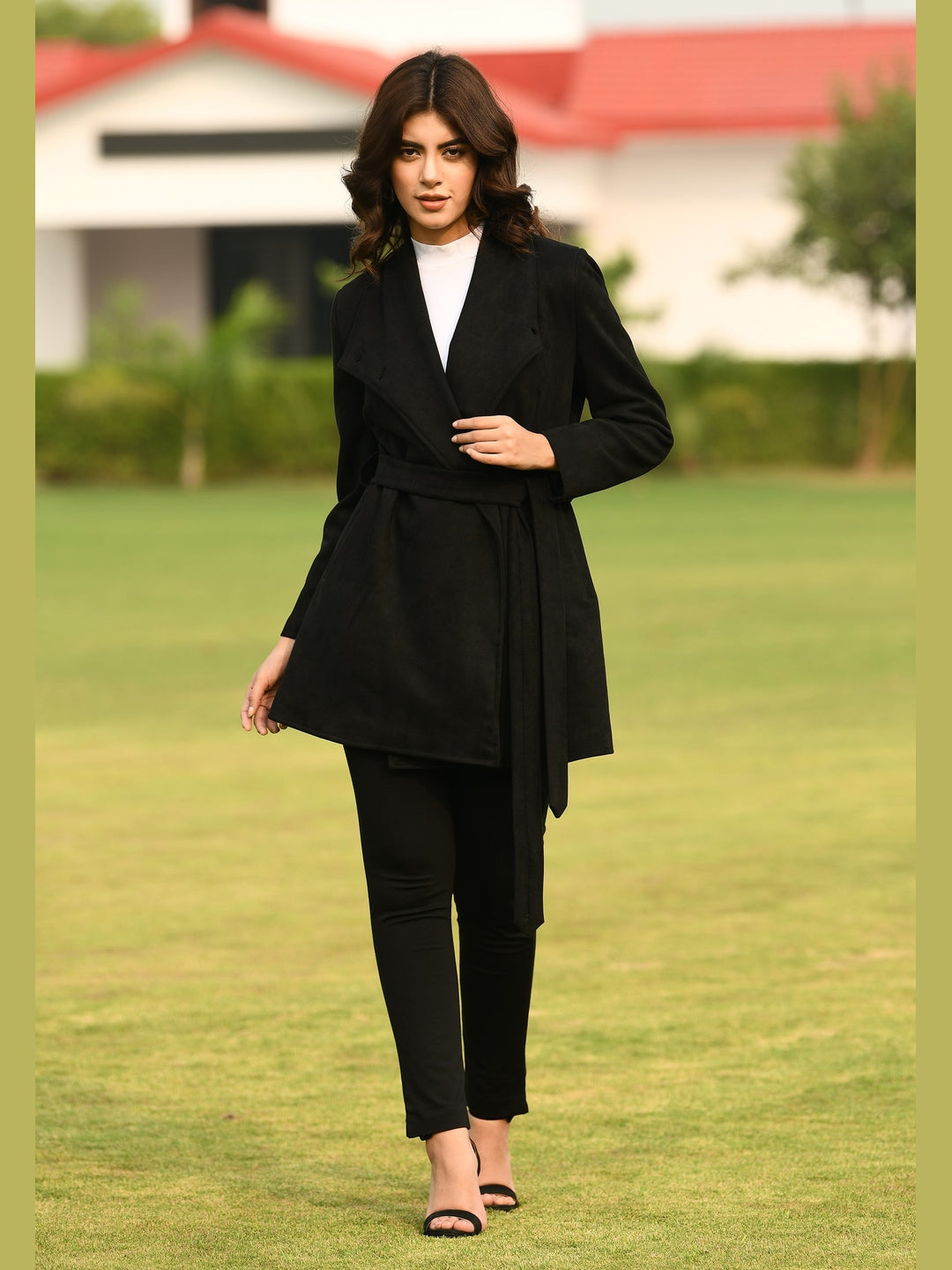 Exude Spark Suede Leather Medium Wrap Coat Black Coat