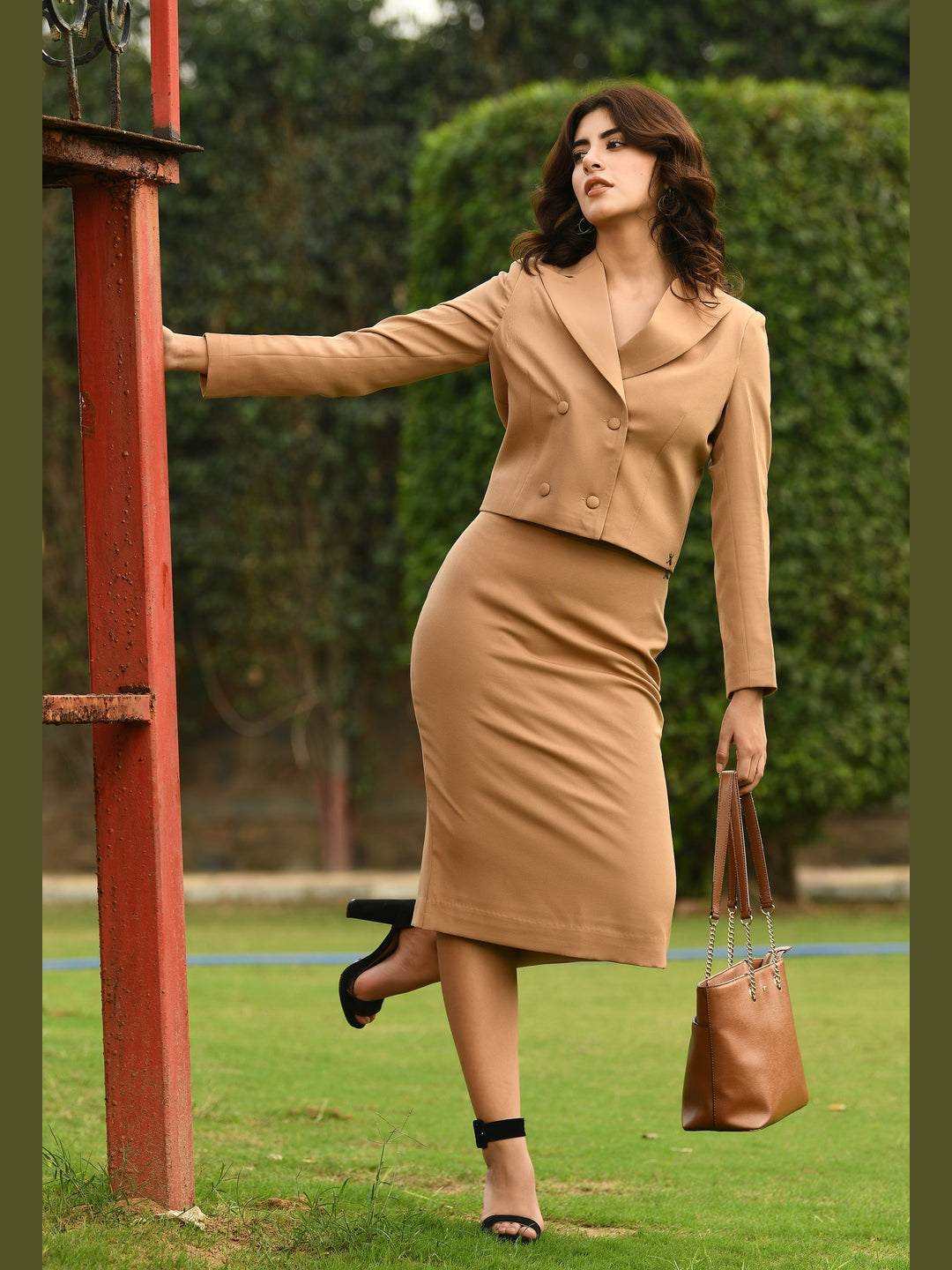 Exude Glorious Double-breasted Crop Blazer Beige Blazers