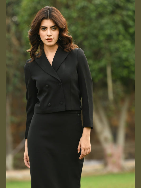 Exude Glorious Double-breasted Crop Blazer Black Blazers