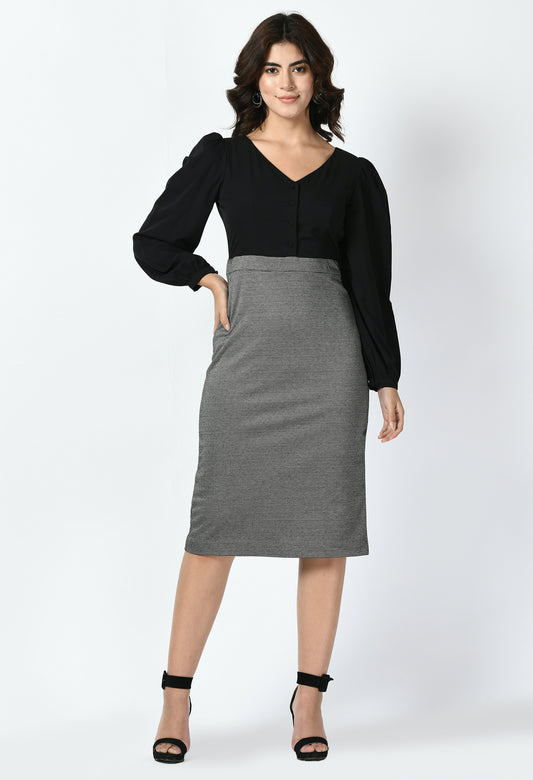 Exude Style Colour Blocked Sheath Dress (Charcoal Black + Black)