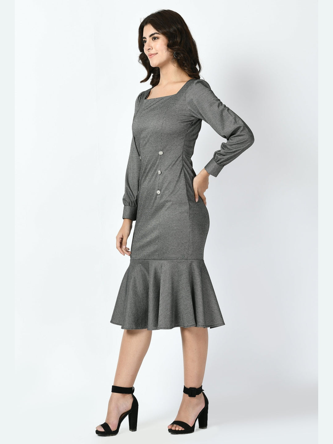Exude Peak Checked Fishtail Midi Dress Charcoal Black Dresses