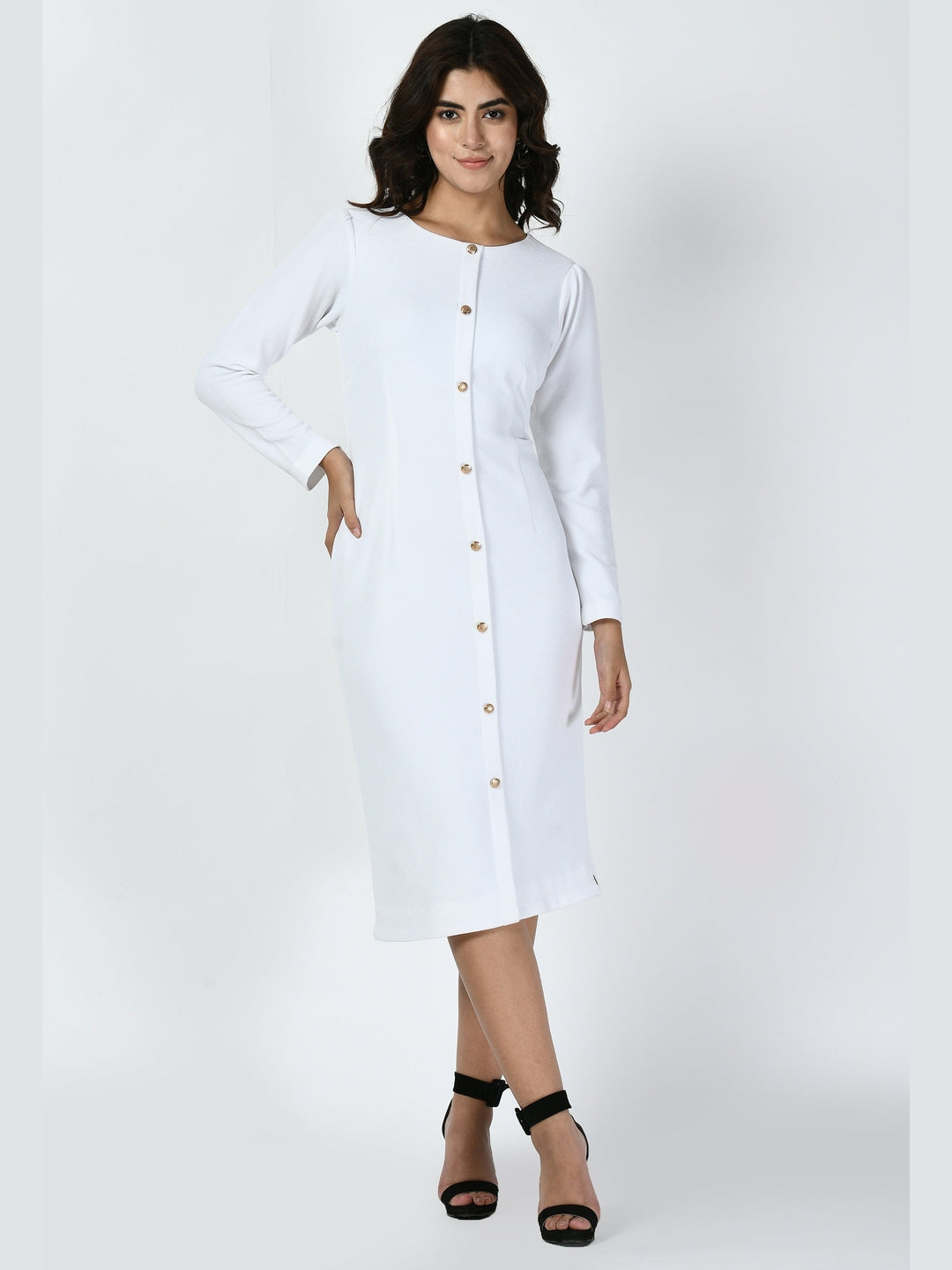 Exude Acme Button Down Midi Sheath Dress White Dresses