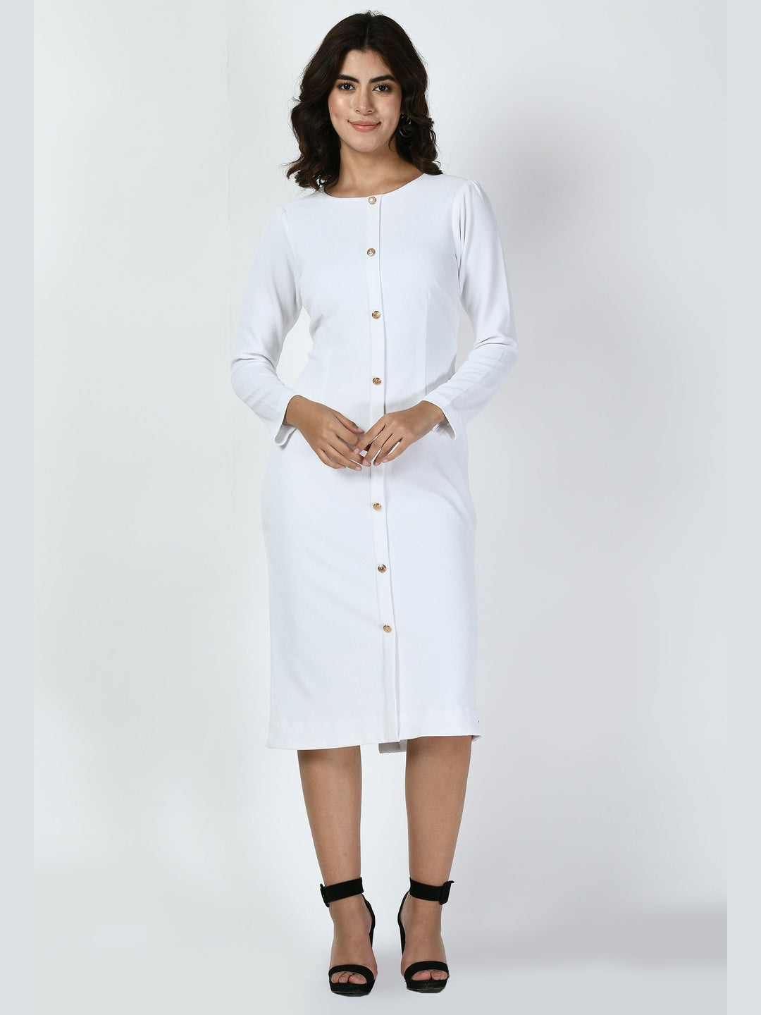 Exude Acme Button Down Midi Sheath Dress White Dresses