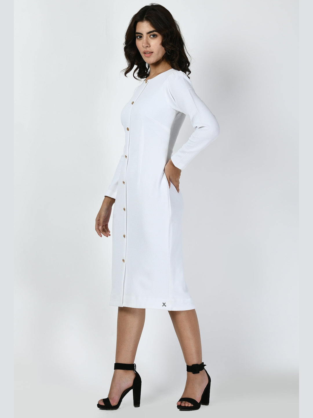 Exude Acme Button Down Midi Sheath Dress White Dresses