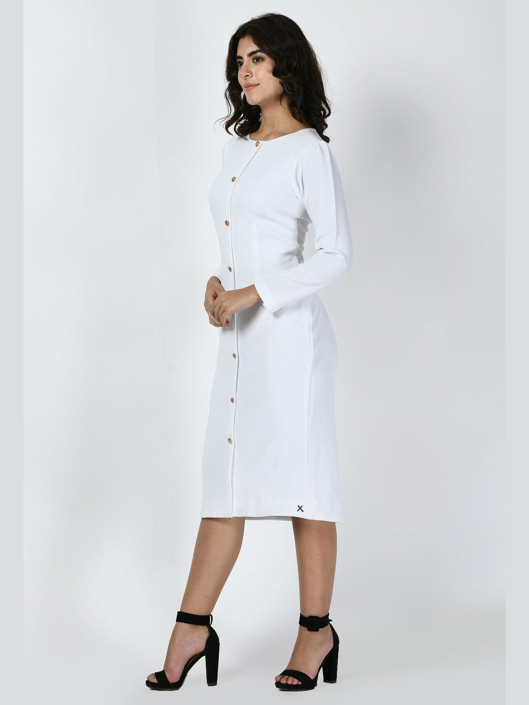 Exude Acme Button Down Midi Sheath Dress White Dresses