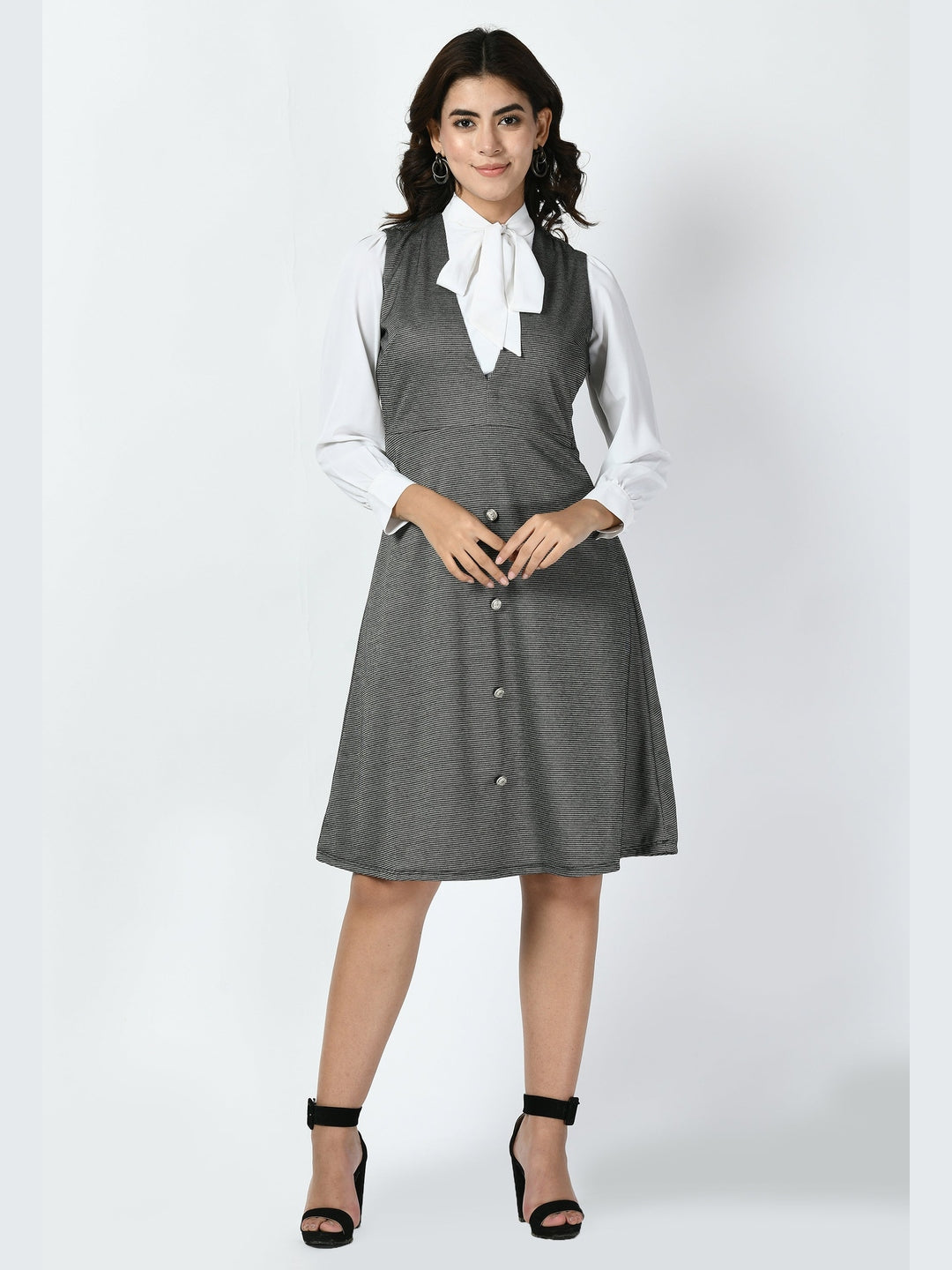 Exude Vertex Tie-up Pinafore Dress Charcoal Black Dresses