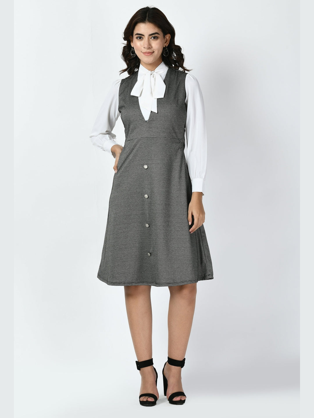 Exude Vertex Tie-up Pinafore Dress Charcoal Black Dresses