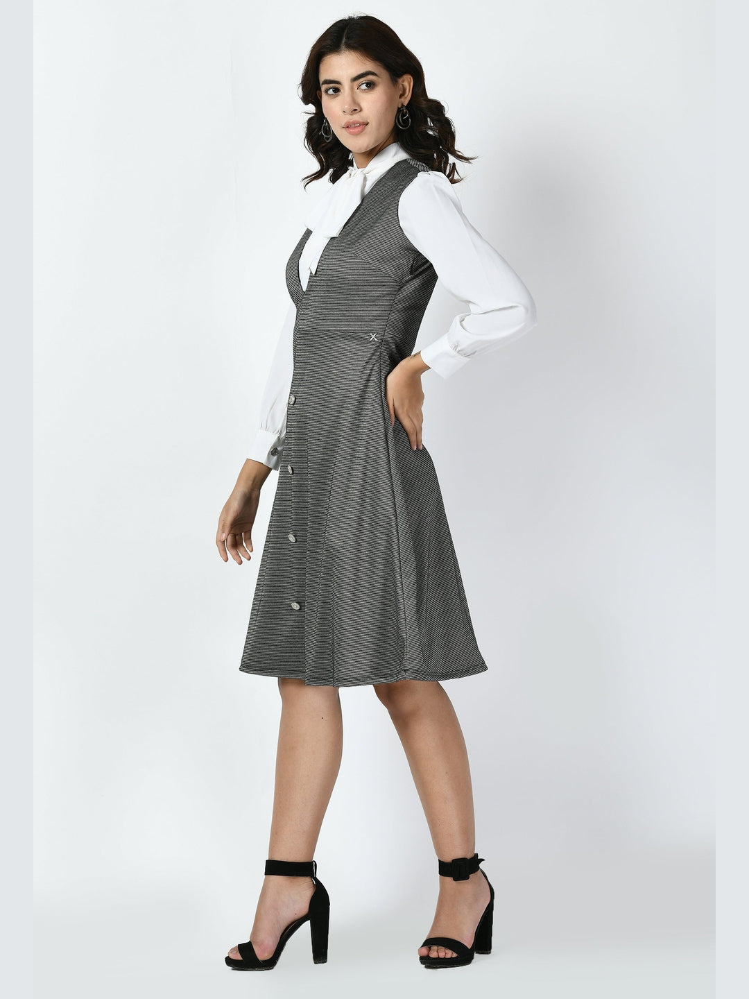 Exude Vertex Tie-up Pinafore Dress Charcoal Black Dresses