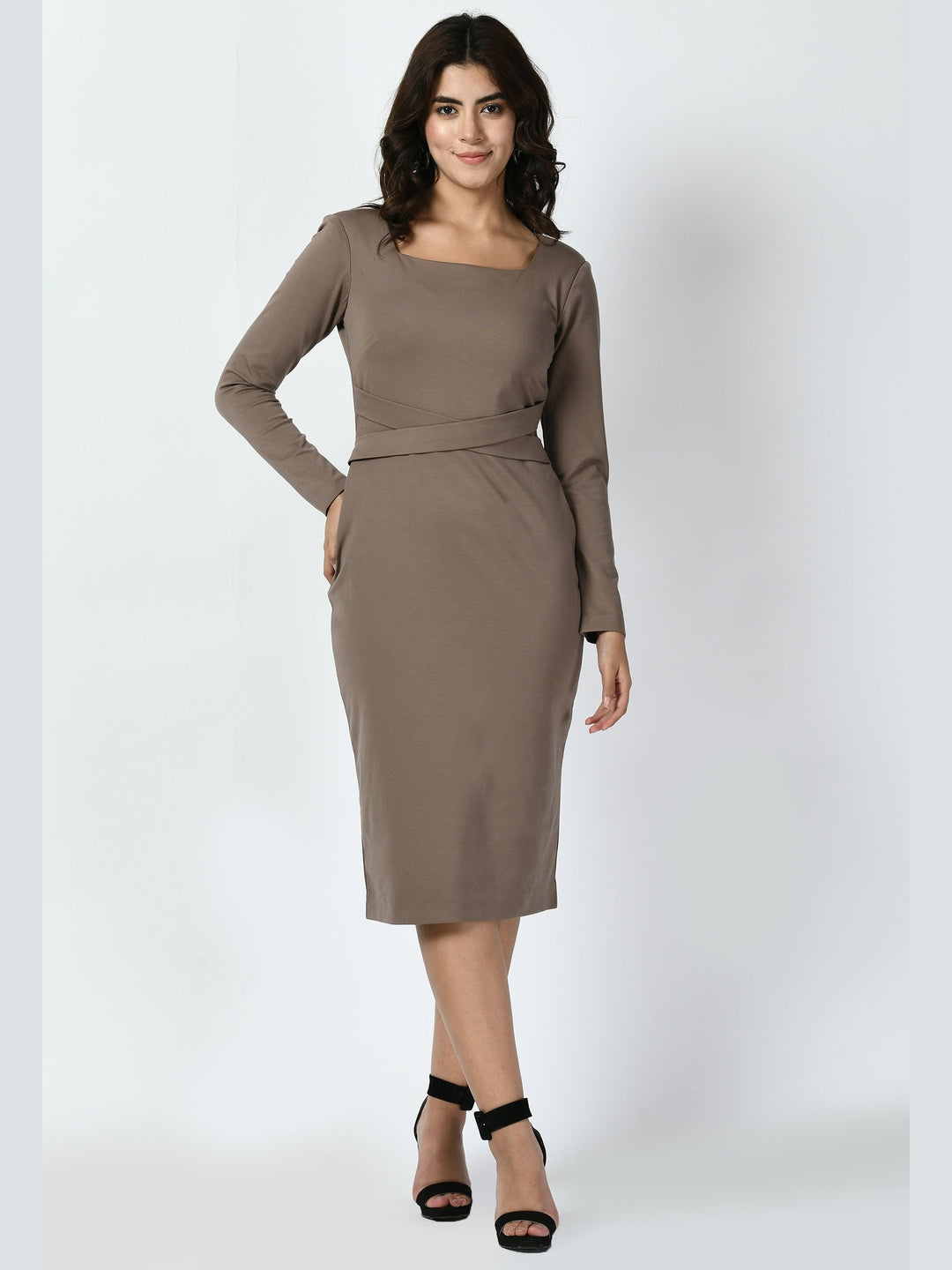 Exude Pinnacle Padded Shoulder Sheath Dress Camel Beige Dresses