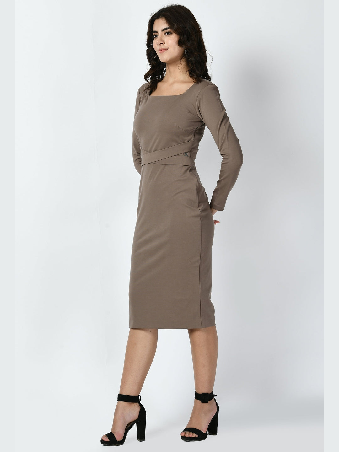Exude Pinnacle Padded Shoulder Sheath Dress Camel Beige Dresses