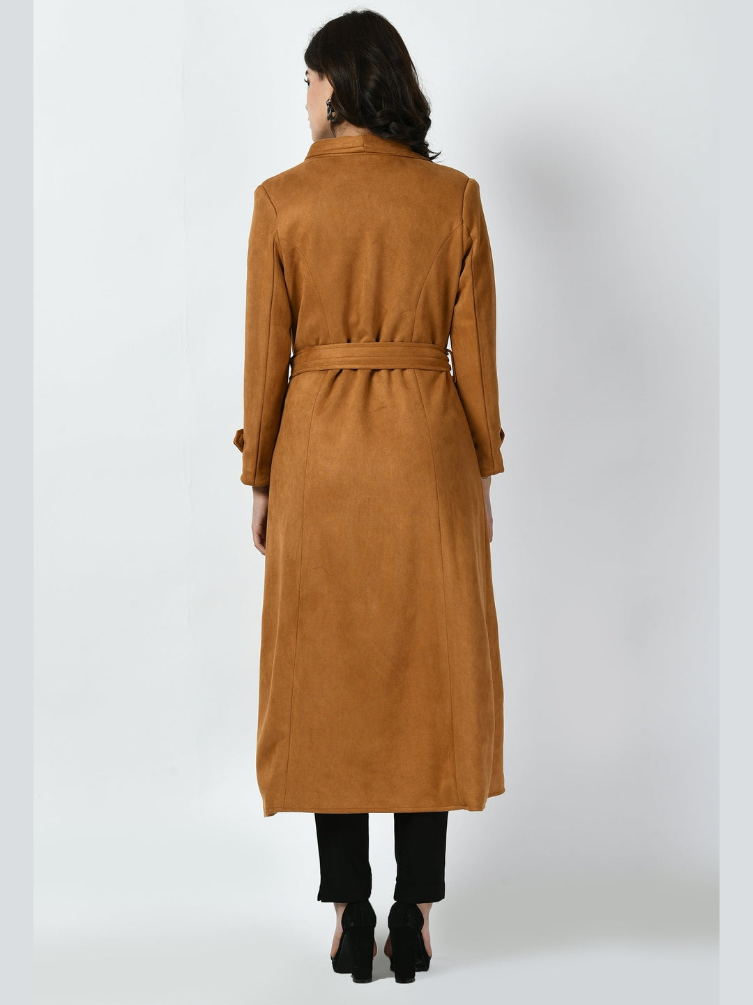 Exude Dedication Suede Leather Long Wrap Coat Tan Brown Coat