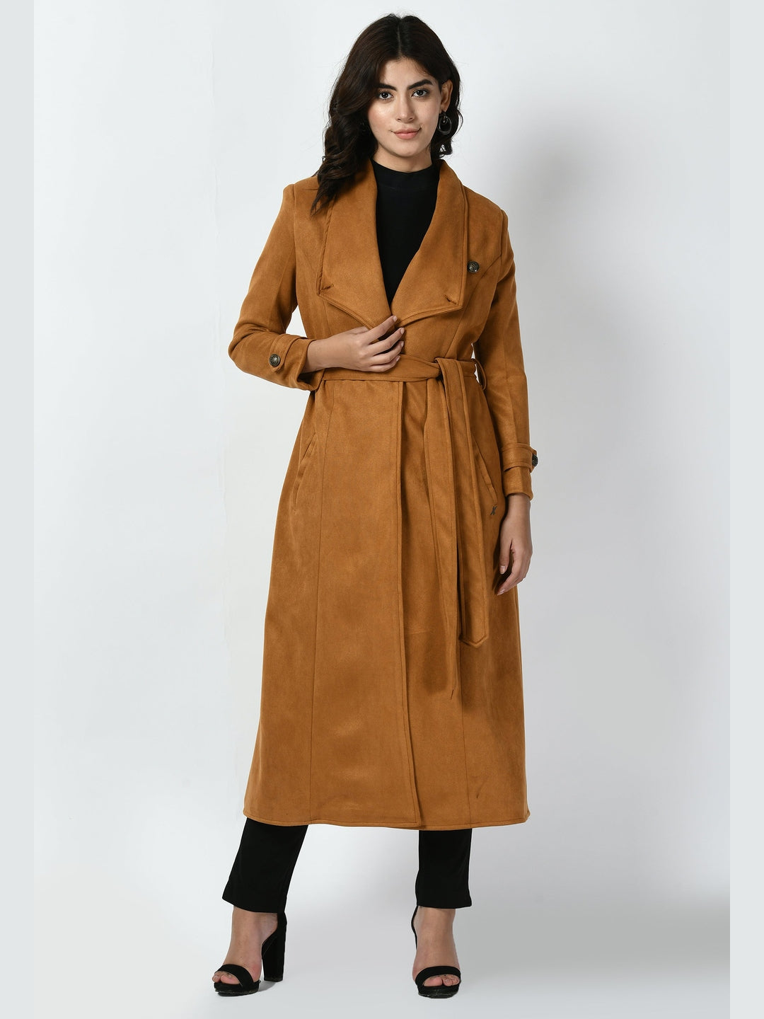Exude Dedication Suede Leather Long Wrap Coat Tan Brown Coat