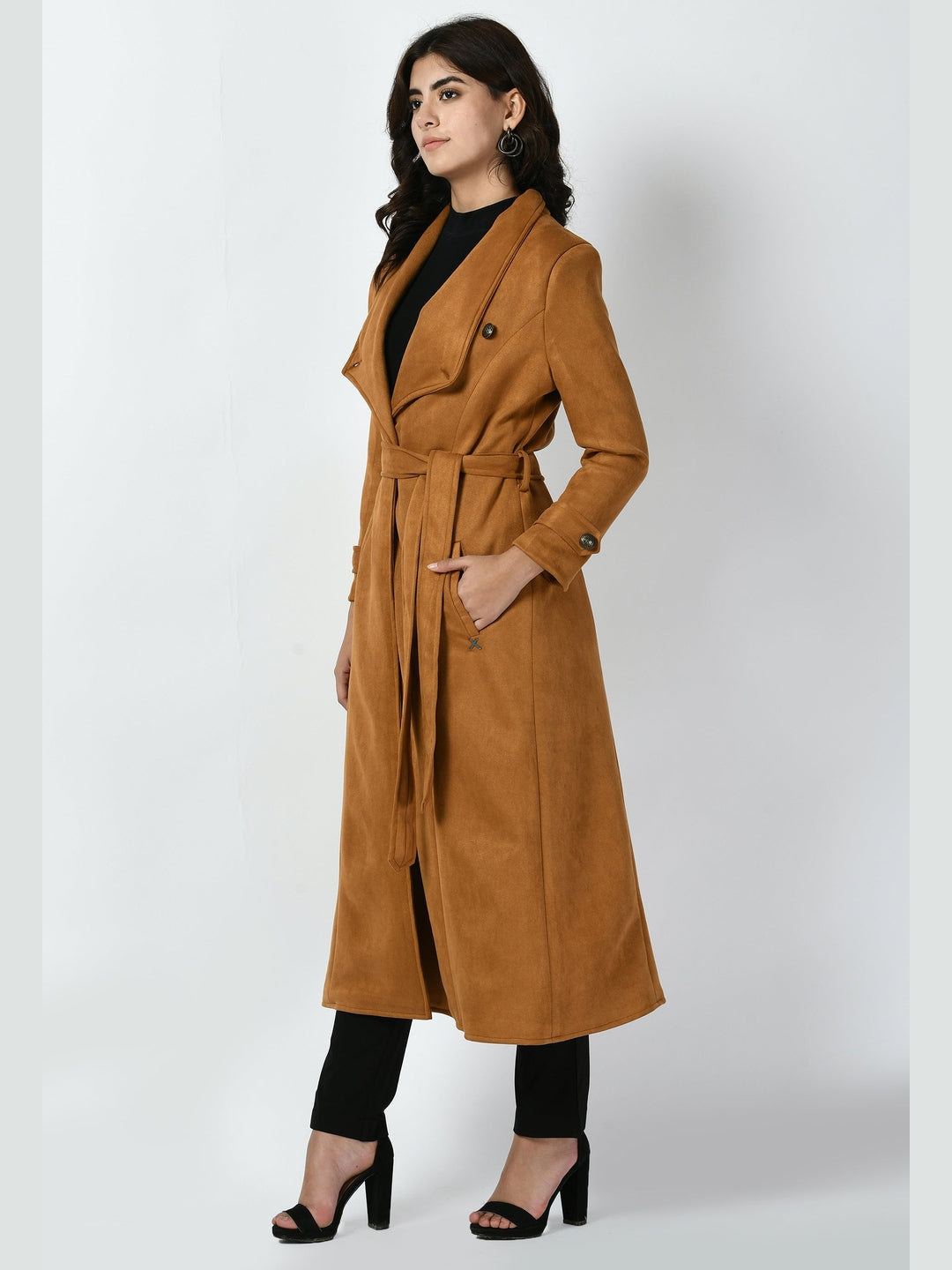 Exude Dedication Suede Leather Long Wrap Coat Tan Brown Coat