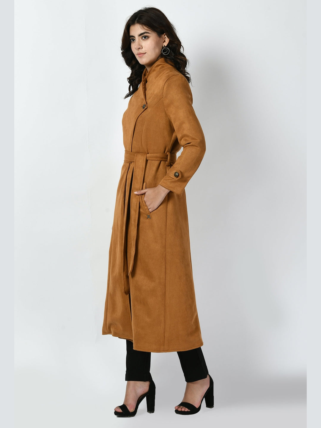 Exude Dedication Suede Leather Long Wrap Coat Tan Brown Coat