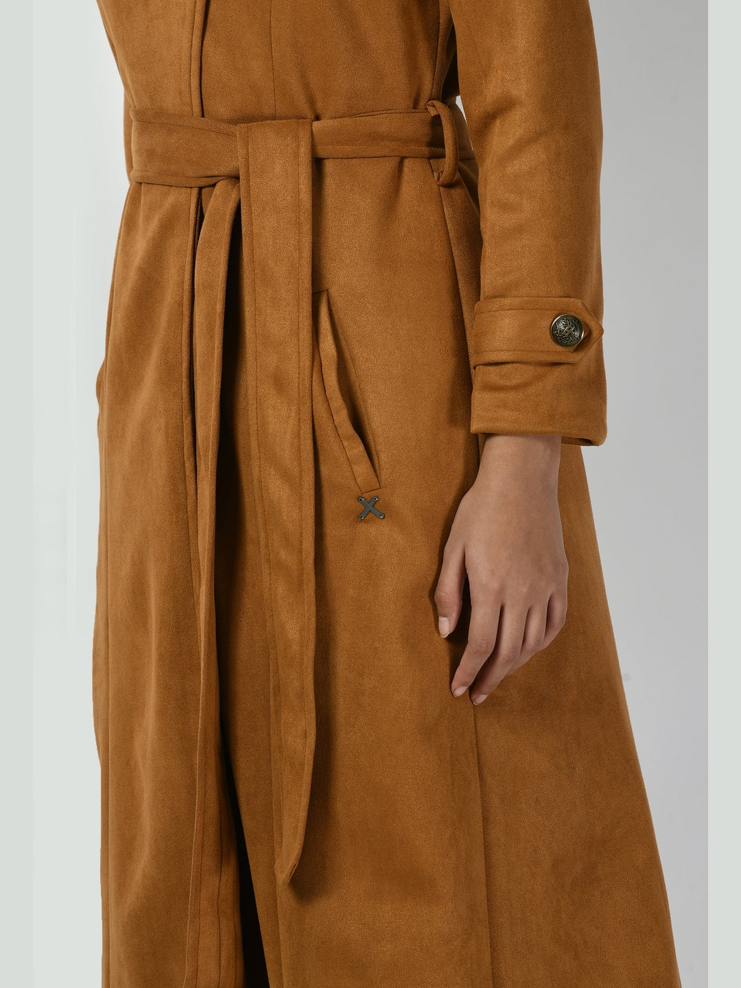 Exude Dedication Suede Leather Long Wrap Coat Tan Brown Coat