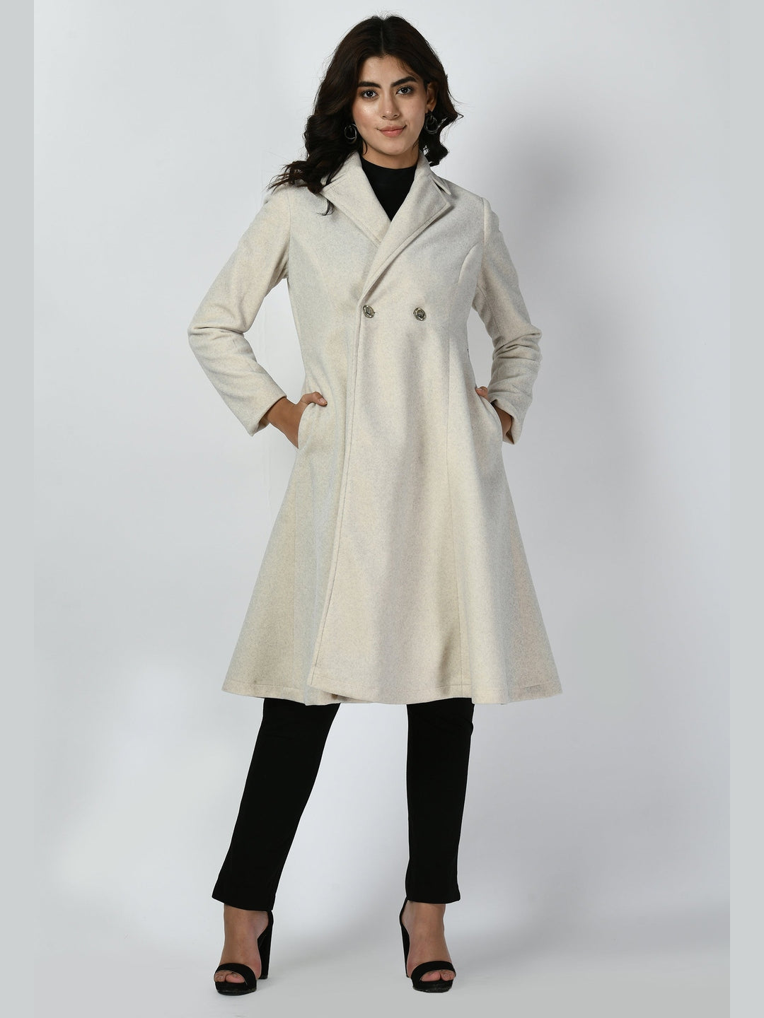 Exude Ferocity Wool-Blend A-line Long Coat Off White Coat