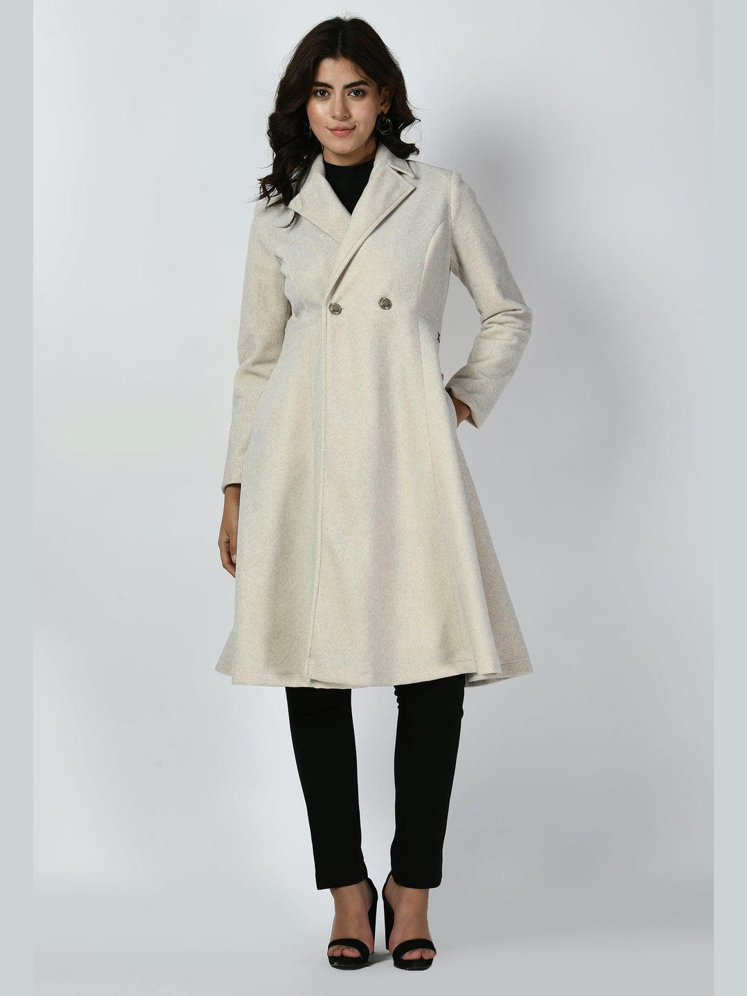 Exude Ferocity Wool-Blend A-line Long Coat Off White Coat