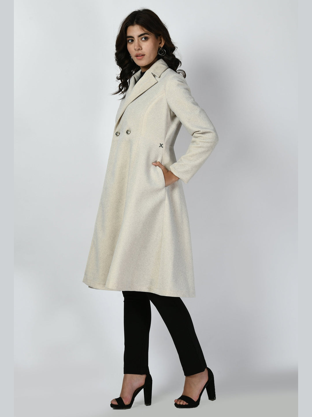 Exude Ferocity Wool-Blend A-line Long Coat Off White Coat