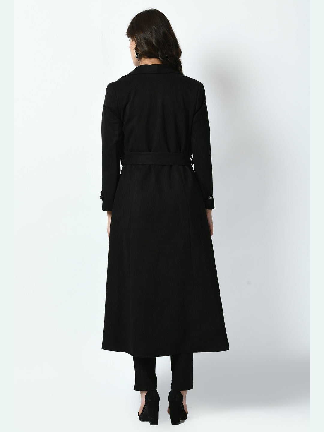 Exude Dedication Suede Leather Long Wrap Coat Black Coat