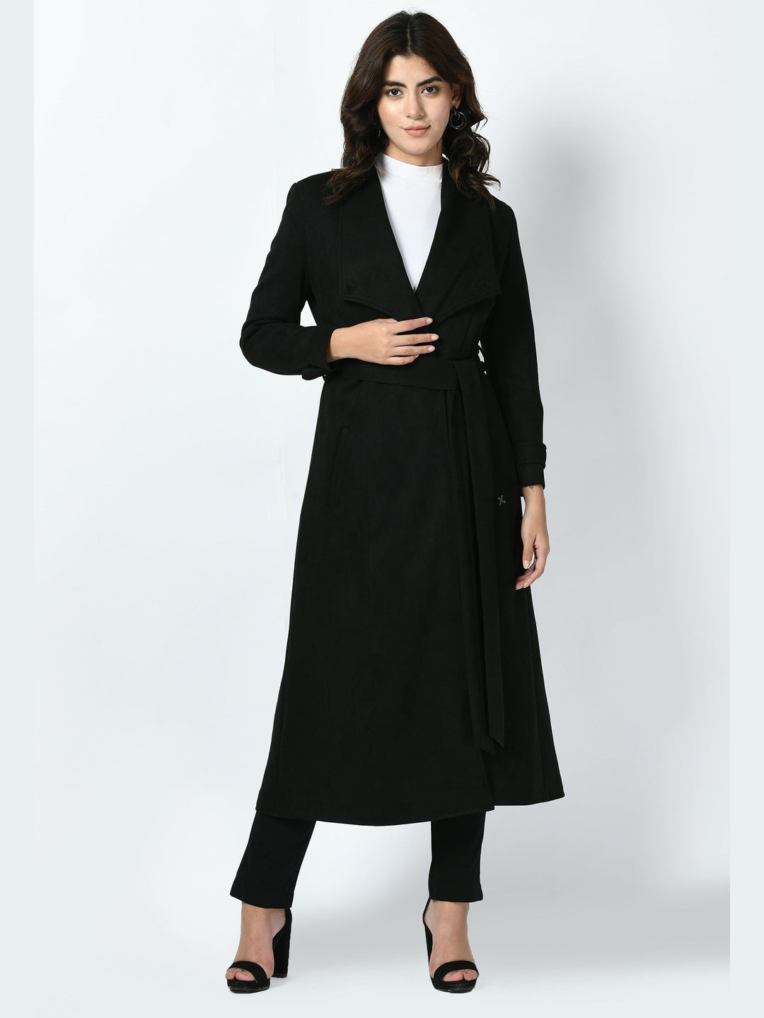 Exude Dedication Suede Leather Long Wrap Coat Black Coat