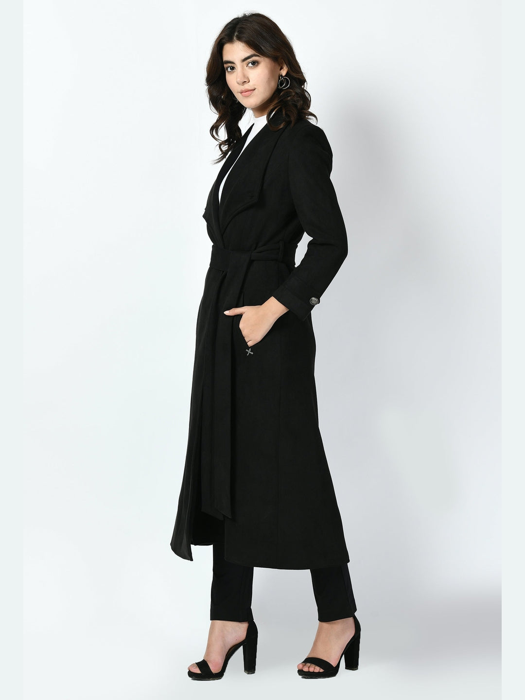 Exude Dedication Suede Leather Long Wrap Coat Black Coat