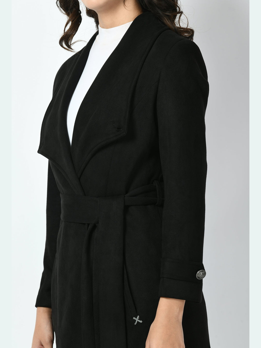 Exude Dedication Suede Leather Long Wrap Coat Black Coat