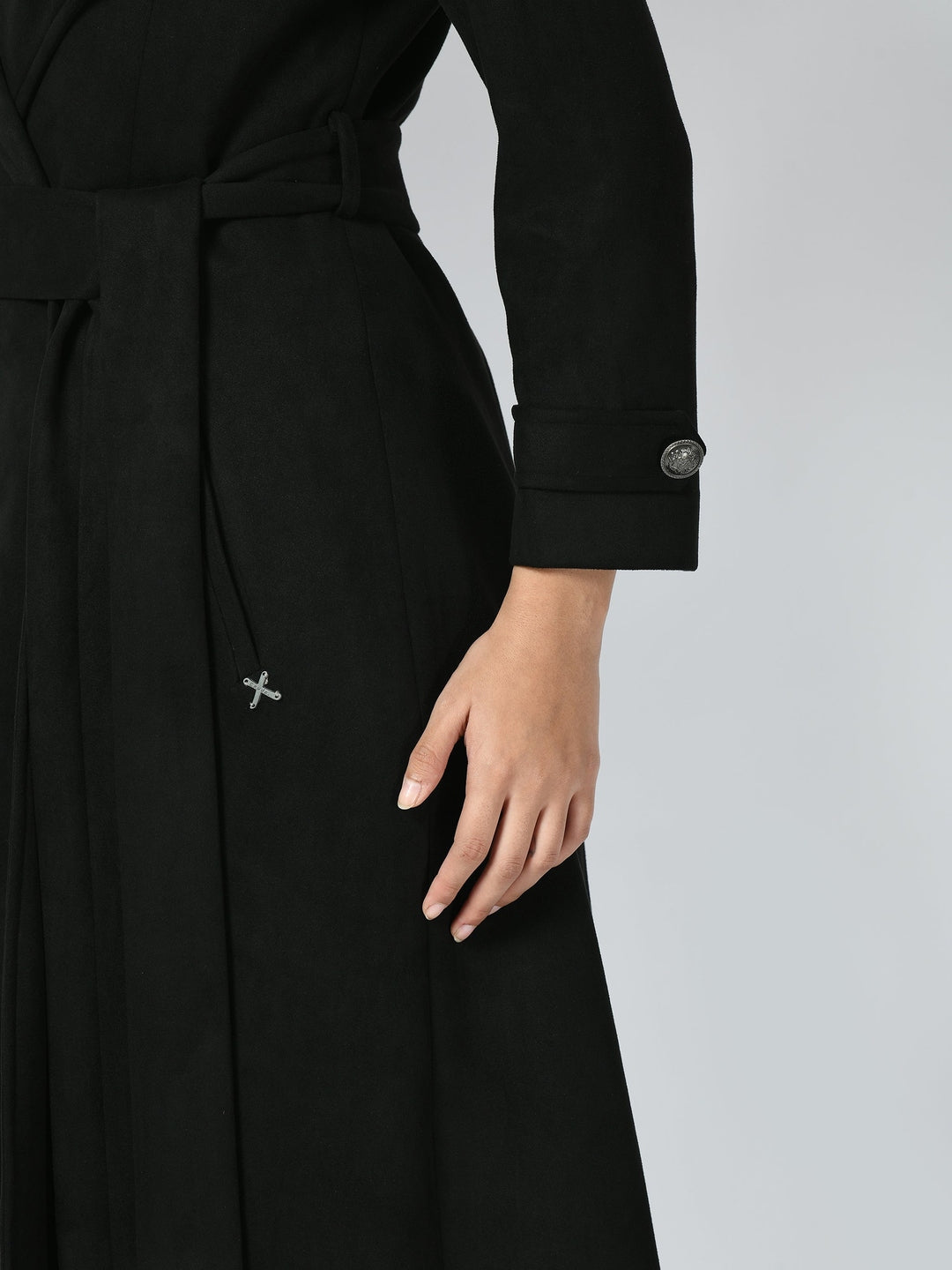 Exude Dedication Suede Leather Long Wrap Coat Black Coat