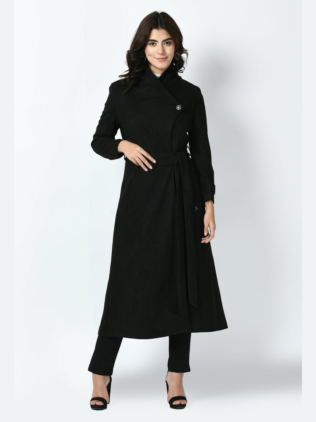 Exude Dedication Suede Leather Long Wrap Coat Black Coat