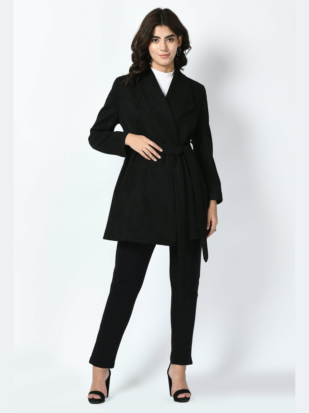 Exude Spark Suede Leather Medium Wrap Coat Black Coat