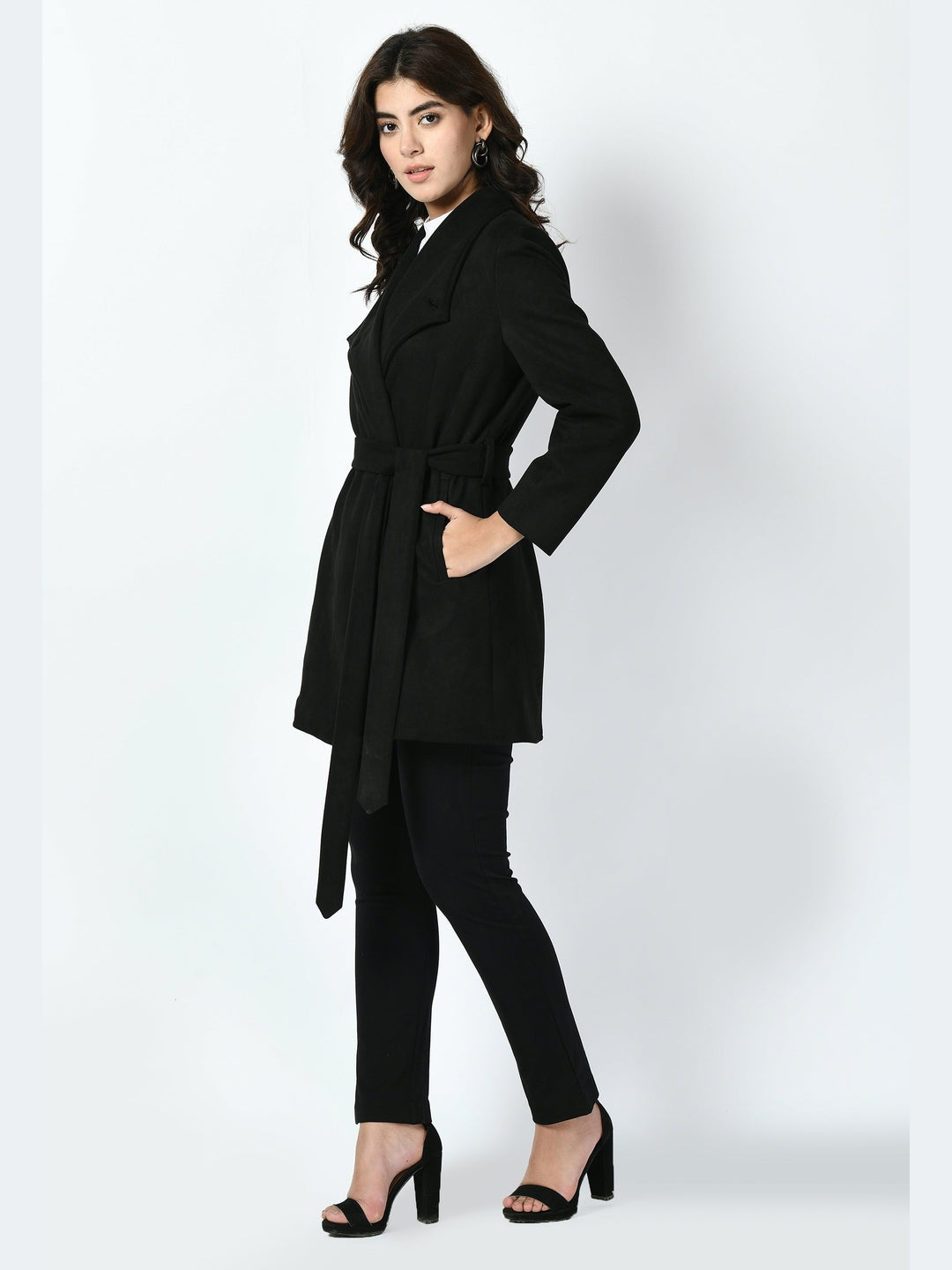 Exude Spark Suede Leather Medium Wrap Coat Black Coat