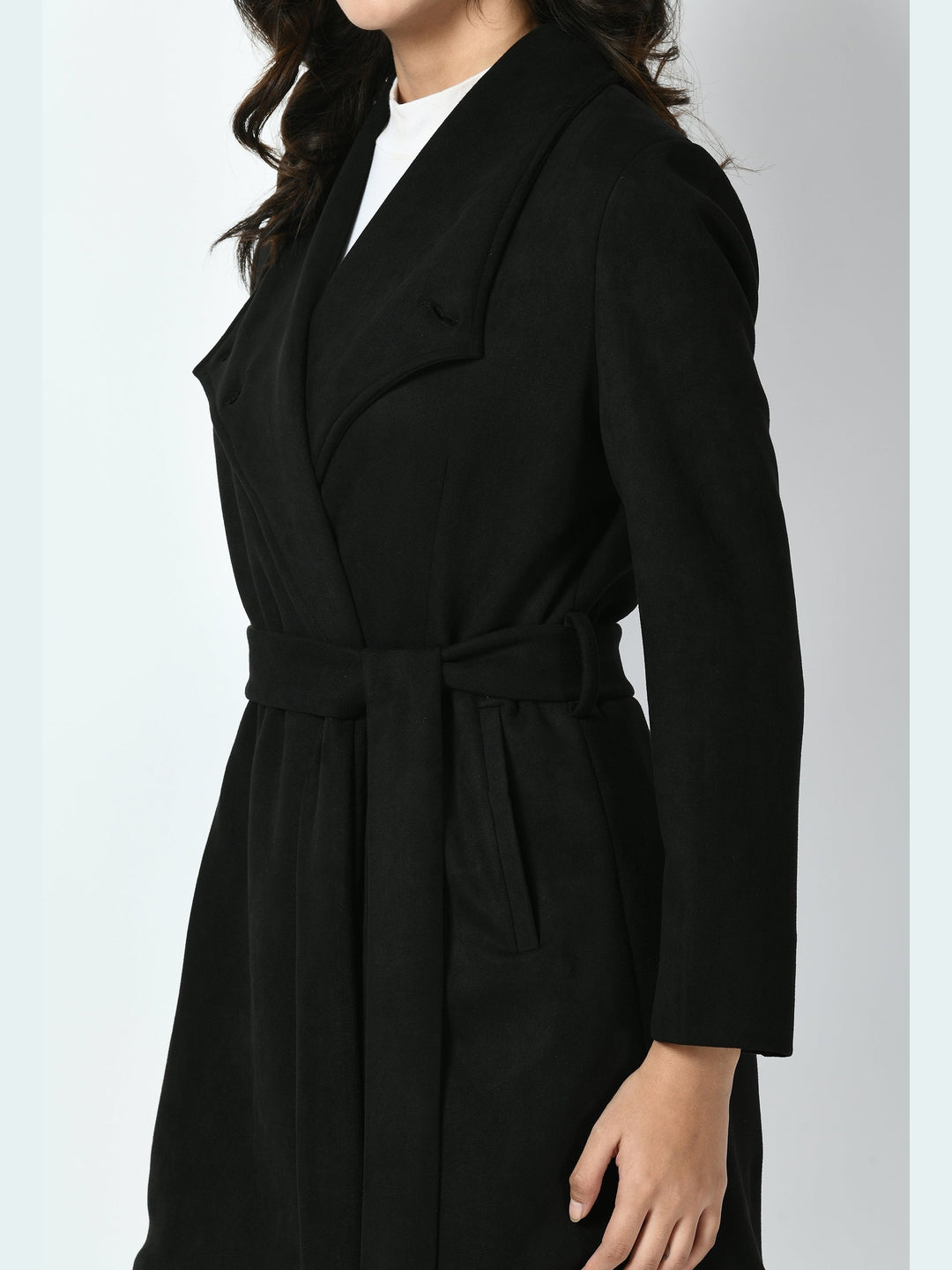 Exude Spark Suede Leather Medium Wrap Coat Black Coat
