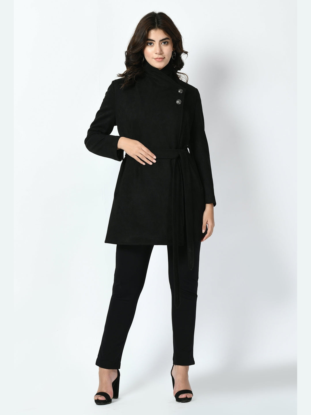 Exude Spark Suede Leather Medium Wrap Coat Black Coat