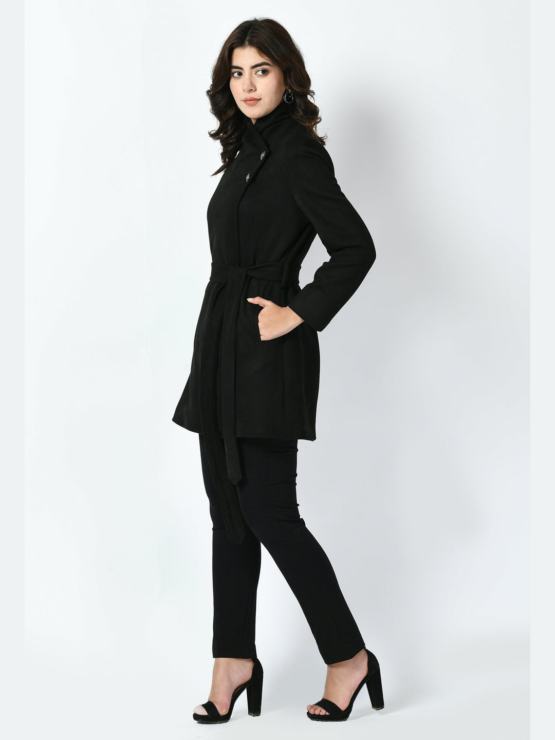 Exude Spark Suede Leather Medium Wrap Coat Black Coat