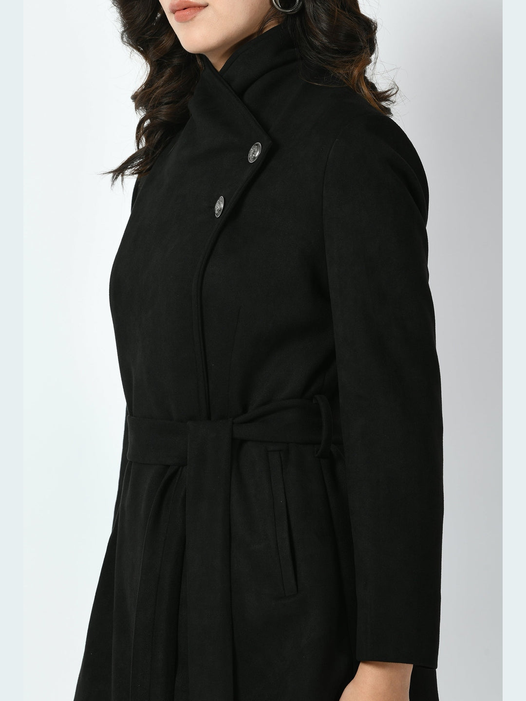 Exude Spark Suede Leather Medium Wrap Coat Black Coat