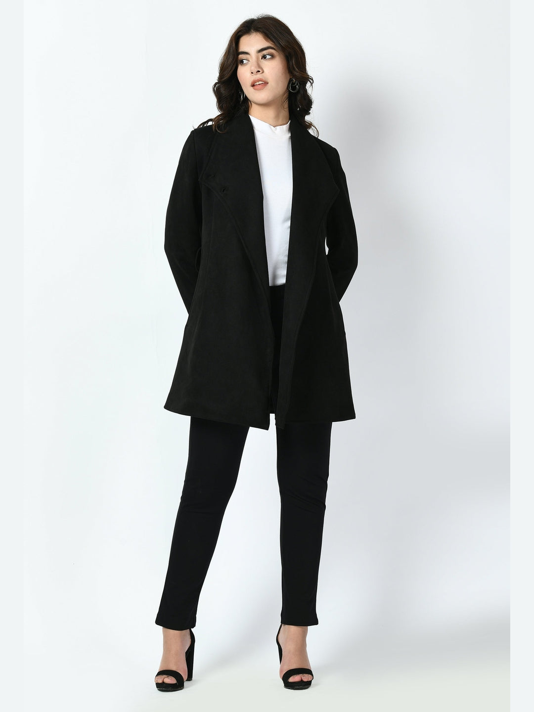 Exude Spark Suede Leather Medium Wrap Coat Black Coat